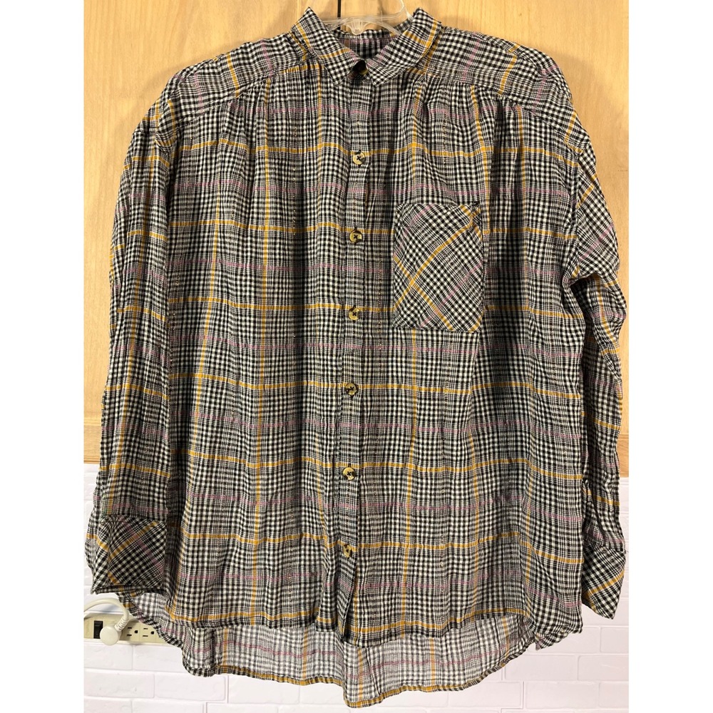 Free People Plaid Button Down Women Small Multi Metallic Oversized